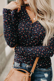Navy Button V Neck Long Sleeve Floral Top