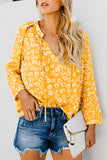 Yellow Floral Print Drawstring V Neck Blouse
