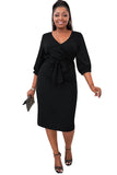 Plus Size Puff Sleeve Wrap V Neck Midi Dress