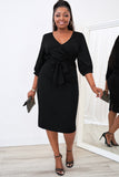 Plus Size Puff Sleeve Wrap V Neck Midi Dress