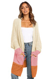 Beige Long Line Open Front Knitted Cardigan with Pockets