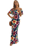 Turquoise Roses Print Off-the-shoulder Maxi Dress