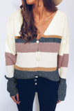 V Neck Button Closure Colorblock Knit Sweater