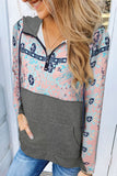 Boho Print Color Block Patchwork Zip Collar Sweatshirt