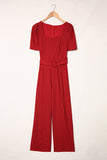 Burgundy Belted Square Neck Puff Sleeve Jumpsuit