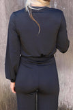 Black V Neck Wrap Waist Tie Long Sleeve Jumpsuit