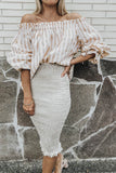 Stripe Print Frilled Elastic Off Shoulder Top