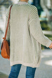 Green Ribbed Striped Open Front Cardigan with Pockets