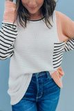 Colorblock Striped Splicing Waffle Knit Long Sleeve Top