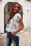 White Floral Scalloped V Neck Short Sleeves Top