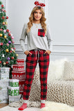 Plaid Drawstring Loungewear Set with Pocket