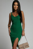 Green Sleeveless Ribbed Knit Sweater Dress with Slit