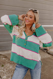 Striped Color Block Knitted Buttoned V Neck Sweater