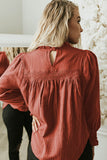Brown Ruffled Neckline Ruched Long Sleeve Crinkle Top