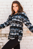Blue Tribal Print Pocket Buttoned Sherpa Jacket