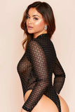 Mesh Rhinestone Décor Geometric Pattern Long Sleeve Bodysuit