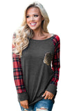 Plaid Splicing Sequined Pocket Long Sleeve Top