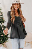 Solid Color Buttons Long Sleeve Babydoll Blouse