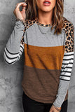 Leopard Striped Color Block Long Sleeve Blouse