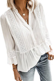 Lace Ruffed 3/4 Sleeve V Neck Shirt