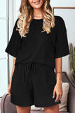 Khaki Crew Neck Short Sleeve Ribbed Lounge Set