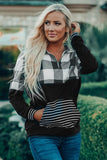 Plaid Striped Pocket Zipper Collar Sweatshirt