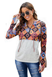 Boho Print Color Block Patchwork Zip Collar Sweatshirt