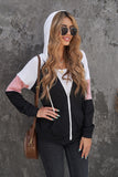 Khaki Color Block Zip Up Kangaroo Pocket Drawstring Hoodie