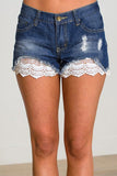 Lace Splicing Distressed Denim Shorts