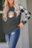 Plaid Splicing Sequined Pocket Long Sleeve Top