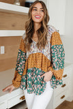 Green Color Block Floral Print Loose Blouse