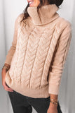 Khaki Turtleneck Long Sleeve Braided Knitted Sweater