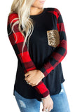 Sequined Pocket Plaid Raglan Black Top