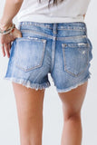 Distressed Mid Rise Frayed Hem Denim Shorts