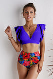 Floral Ruffled Hem High Waist Bikini Set