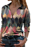 Turn-Down V Neck Geometric Print Casual Blouse