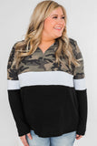 Plus Size Quarter Zip Camo Color Block Sweatshirt