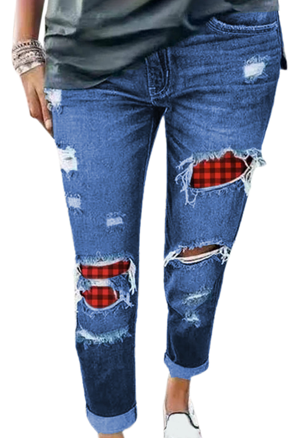 Plaid Patchwork Hollow Out Ripped Jeans
