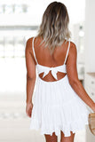 Spaghetti Straps V Neck Lace Bodice Ruffled Mini Dress