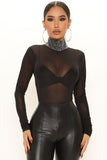 Rhinestone High Neck Long Sleeve Sheer Mesh Bodysuit