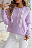 Kangaroo Pocket Button Lace Drawstring Hooded Pullover Sweater