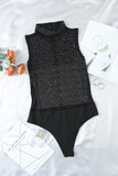 Sheer Silver Rhinestone Studded Mock Neck Bodysuit