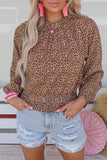 Leopard Bubble Sleeves Smocked Blouse