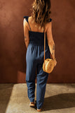 Blue Flutter Sleeve Smocked Wide Leg Jumpsuit