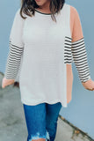 Colorblock Striped Splicing Waffle Knit Long Sleeve Top