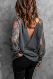 Sexy V Neck Surplice Hollow-out Sweater with Lace Sleeves