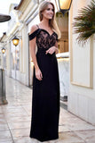 Black Lace Off Shoulder Side Slit High Waist Maxi Dress