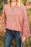 Pink Lace Patchwork Waffle Knit Balloon Sleeve Blouse