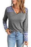 Aztec Patch Button V Neck Blouse