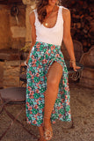 Floral Print Pleated Slit Skirt